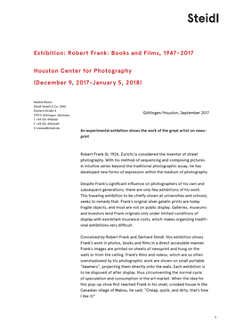 Exhibition: Robert Frank: Books and Films, 1947–2017 Houston Center