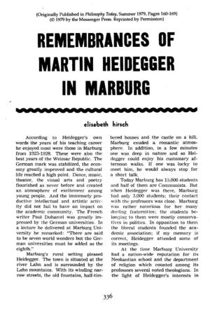 Remembrances of Martin Heidegger in Marburg