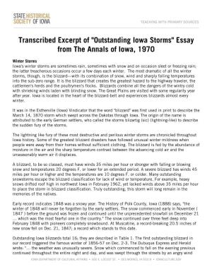 Transcribed Excerpt of "Outstanding Iowa Storms" Essay from the Annals of Iowa, 1970