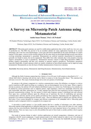A Survey on Microstrip Patch Antenna Using Metamaterial Anisha Susan Thomas1, Prof