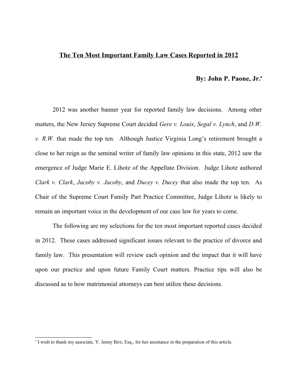 The Ten Most Important Family Law Cases Reported in 2012