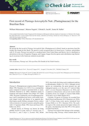 First Record of Plantago Heterophylla Nutt. (Plantaginaceae) for the Brazilian Flora