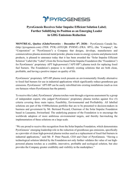 Pyrogenesis Receives Solar Impulse Efficient Solution Label; Further Solidifying Its Position As an Emerging Leader in GHG Emissions Reduction
