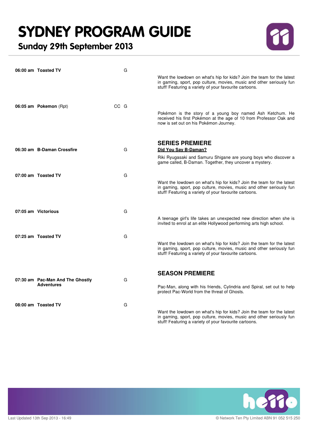 SYDNEY PROGRAM GUIDE Sunday 29Th September 2013