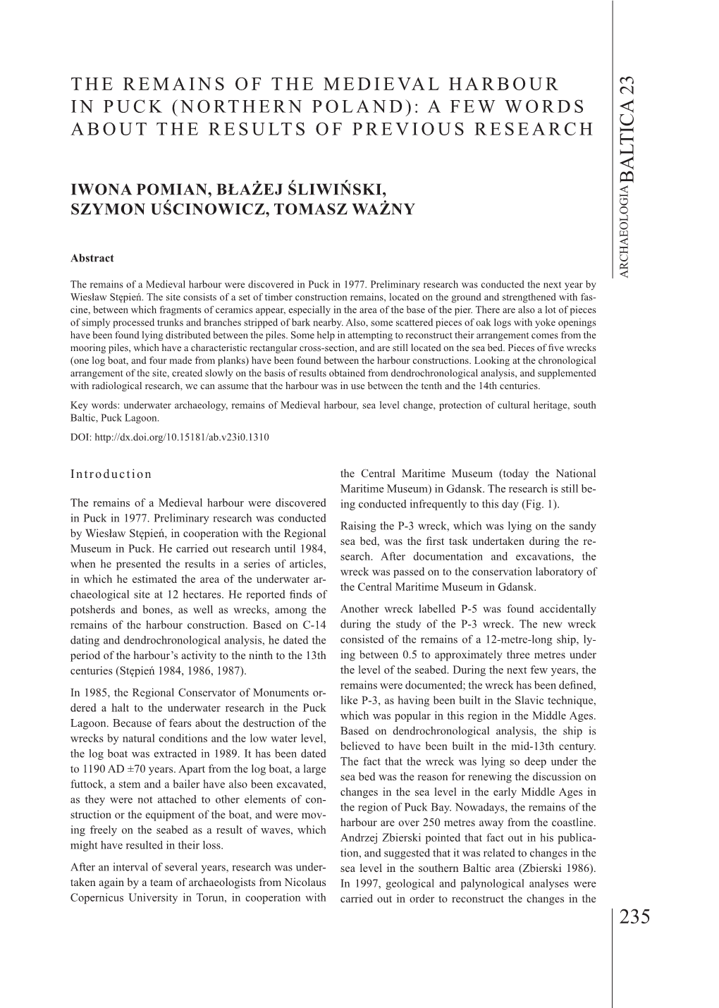 Pomian the Remains of the Medieval Harbour in Puck (Northern Poland): a Few Words About the Results of Previous Research