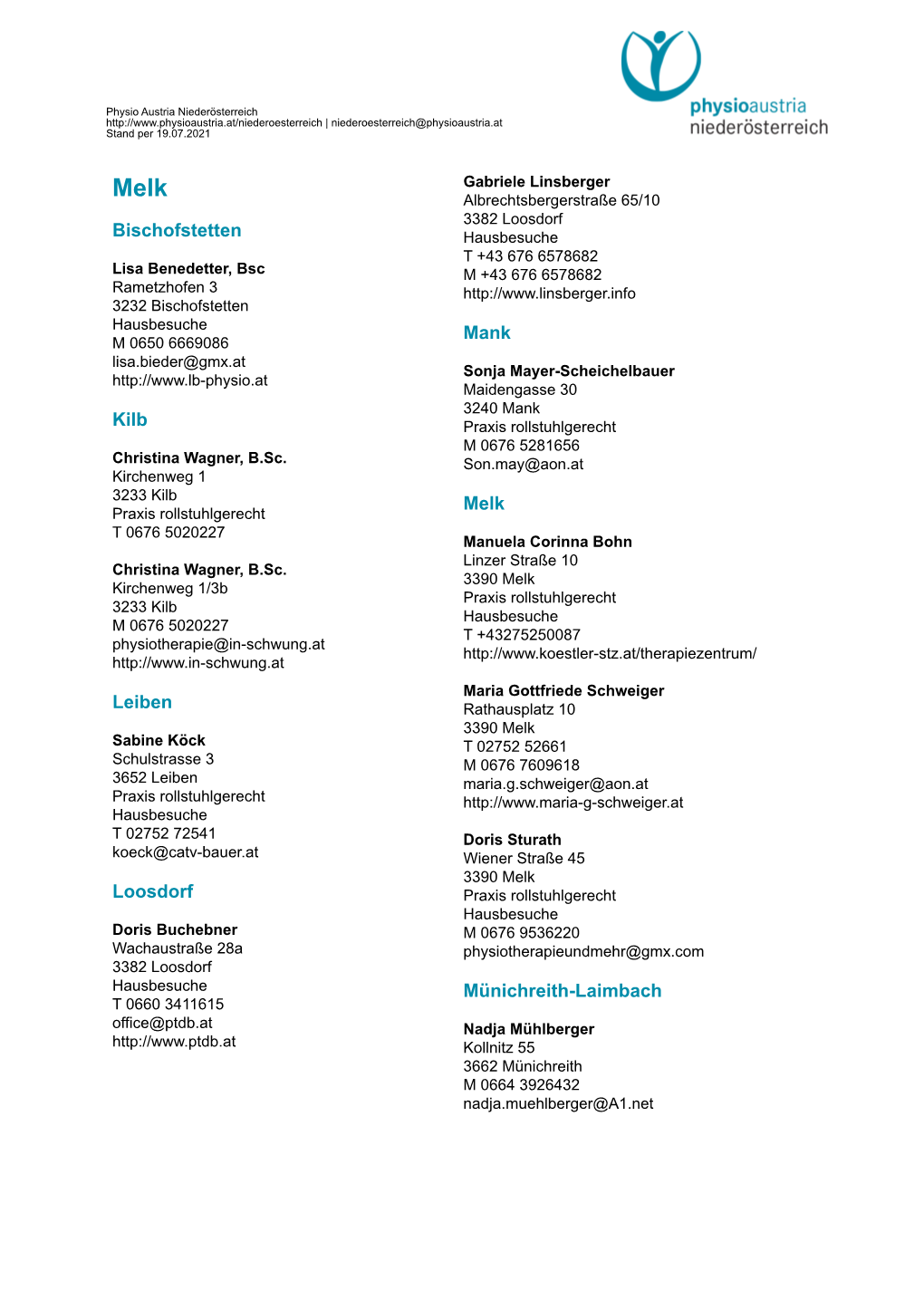 Liste Freiberufliche Physiotherapeutinnen