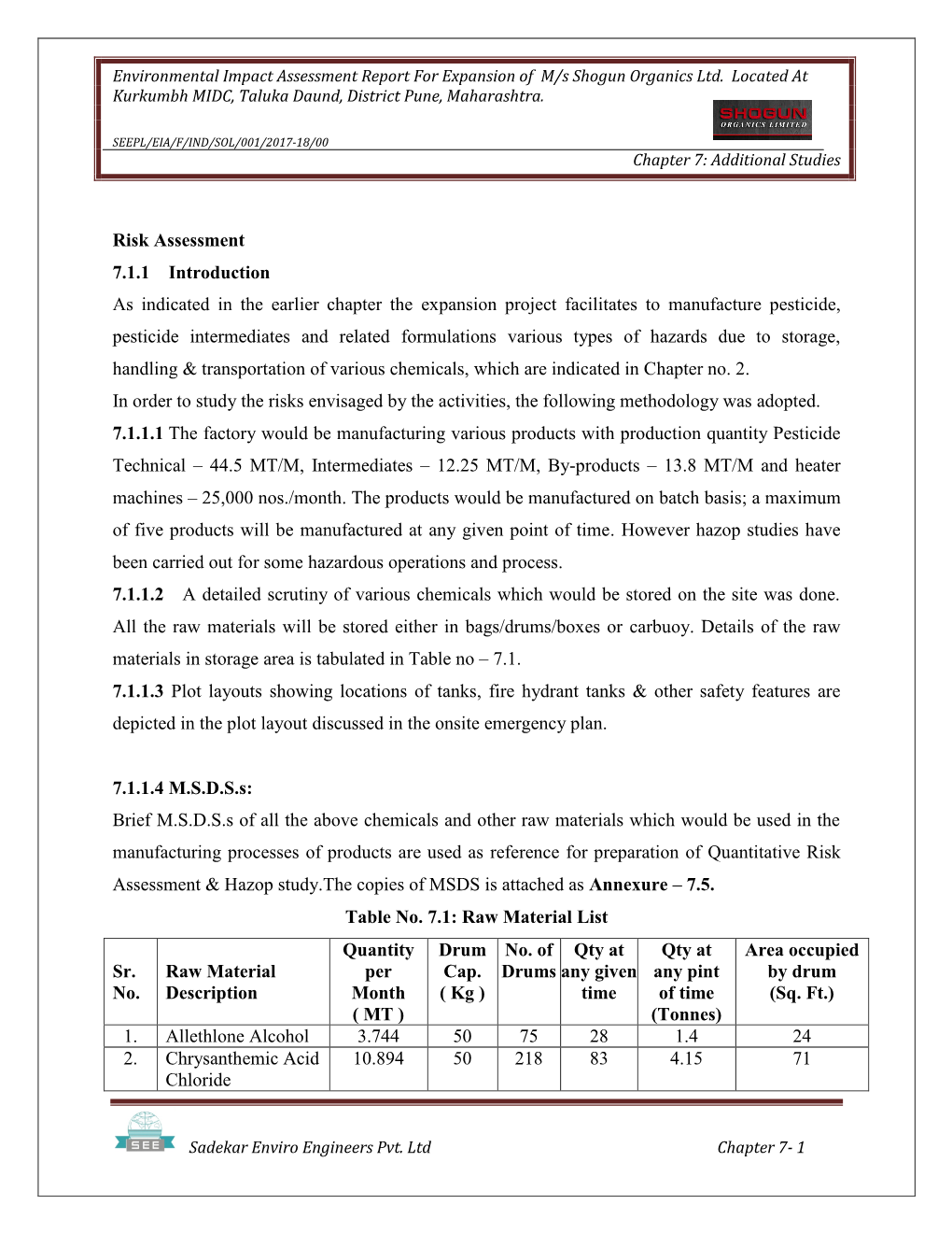 Risk Assessment 7.1.1 Introduction As Indicated in the Earlier Chapter The