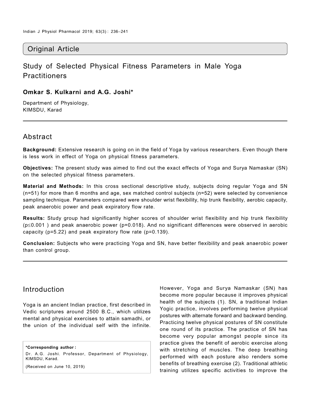 Original Article Study of Selected Physical Fitness Parameters in Male Yoga Practitioners Abstract Introduction