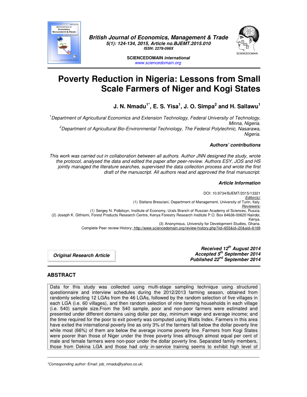 Poverty Reduction in Nigeria: Lessons from Small Scale Farmers of Niger and Kogi States