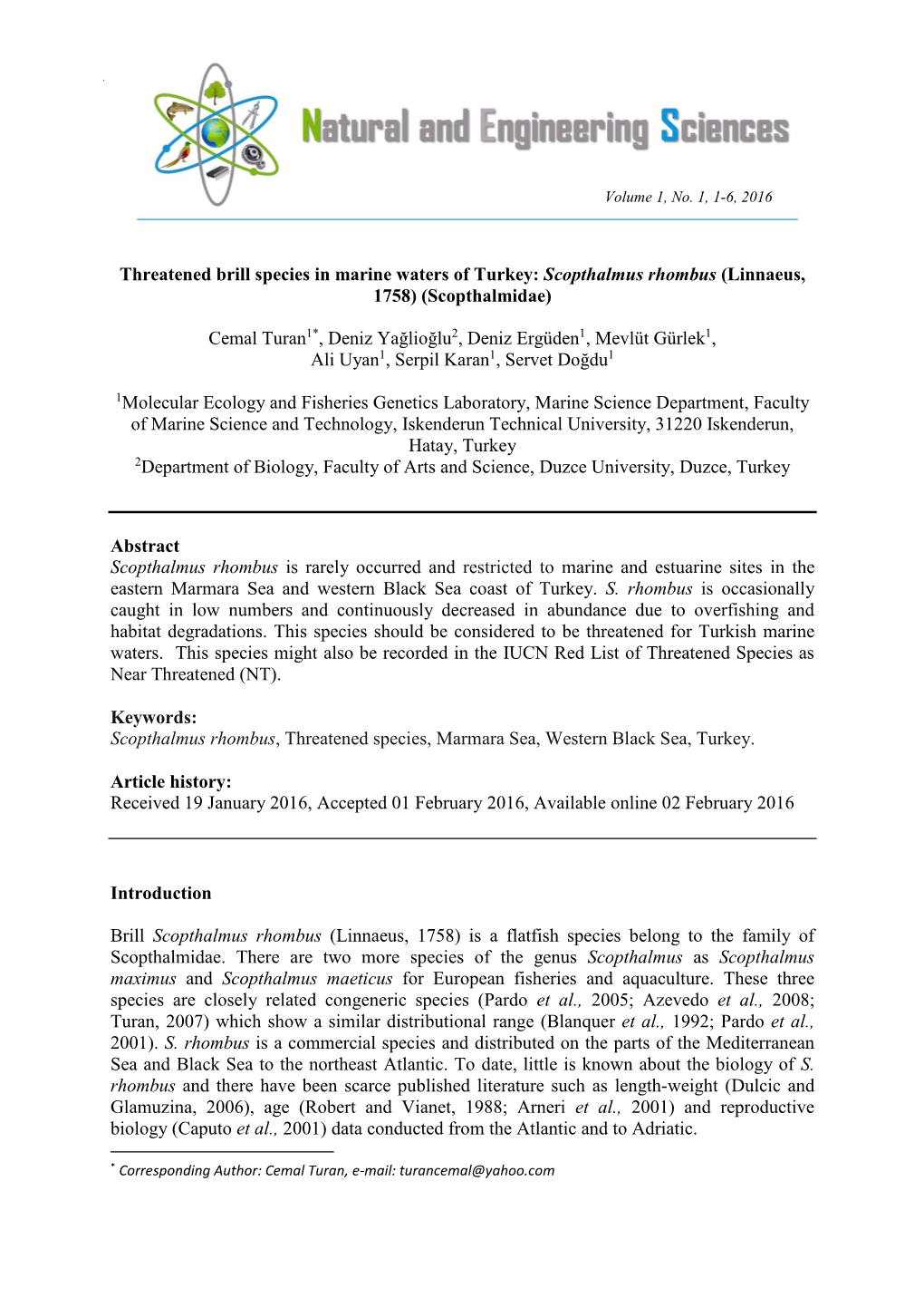 Threatened Brill Species in Marine Waters of Turkey: Scopthalmus Rhombus (Linnaeus, 1758) (Scopthalmidae)