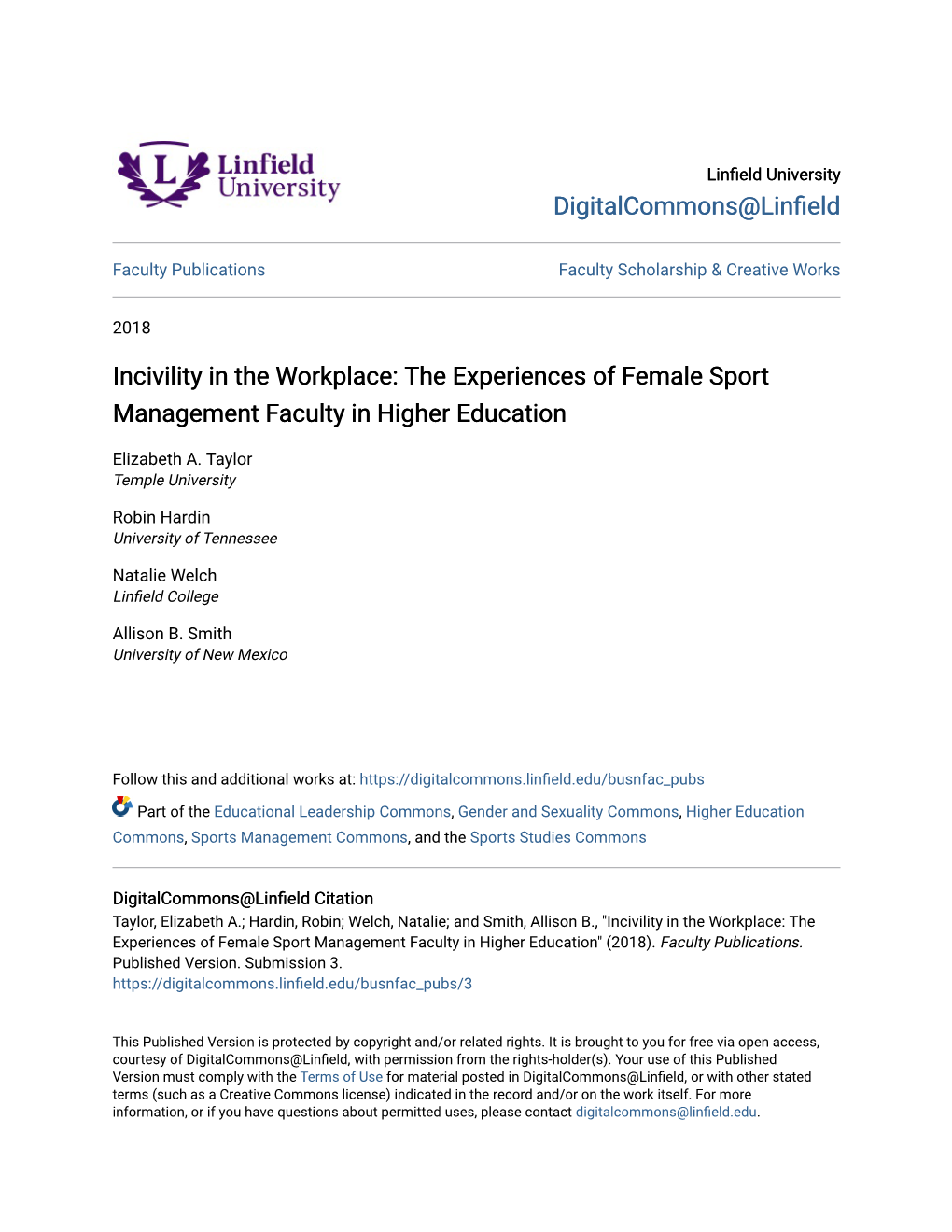 Incivility in the Workplace: the Experiences of Female Sport Management Faculty in Higher Education