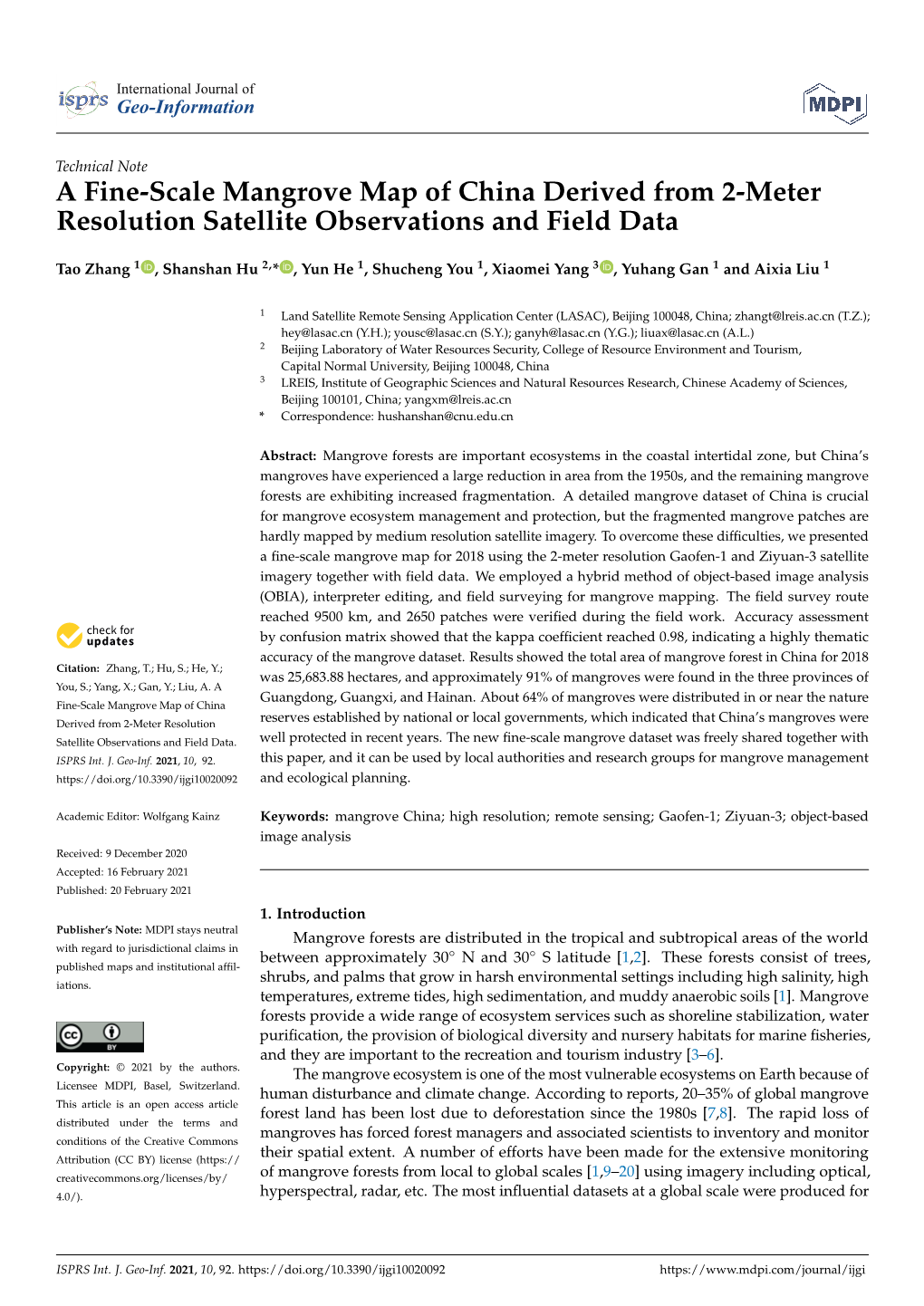 A Fine-Scale Mangrove Map of China Derived from 2-Meter Resolution Satellite Observations and Field Data