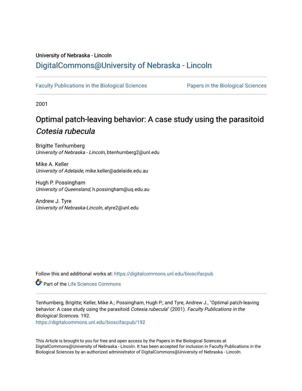 Optimal Patch-Leaving Behavior: a Case Study Using the Parasitoid Cotesia Rubecula