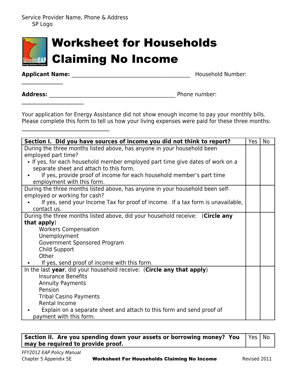 WORKSHEET for HOUSEHOLDS CLAIMING 0 to EXTREMELY LOW INCOME