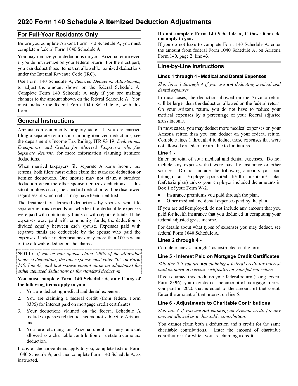 2020 Form 140 Schedule a Itemized Deduction Adjustments