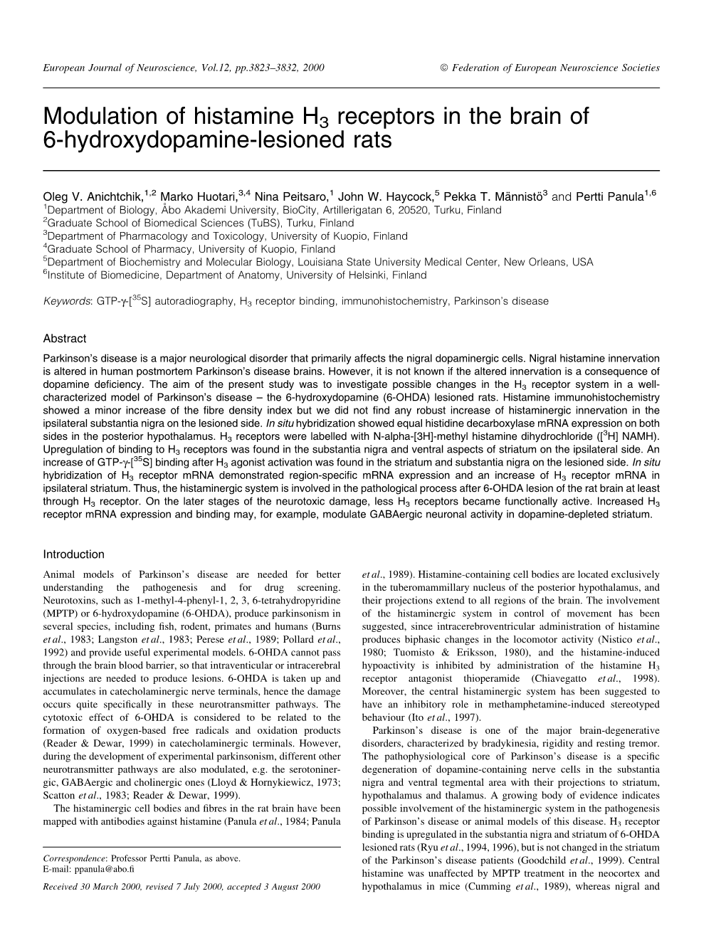 Modulation of Histamine H3 Receptors in the Brain of 6-Hydroxydopamine-Lesioned Rats