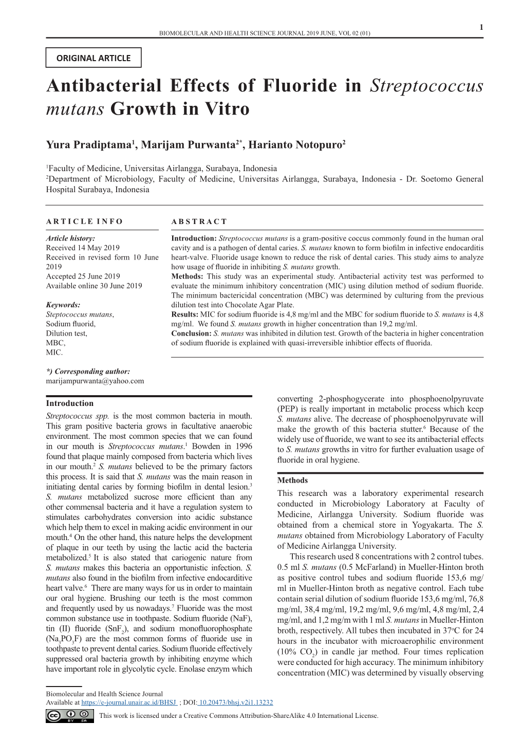 Antibacterial Effects of Fluoride in Streptococcus Mutans Growth in Vitro