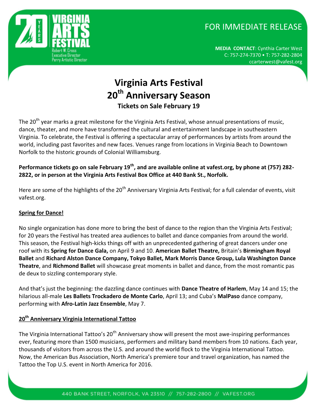 Virginia Arts Festival 20 Anniversary Season