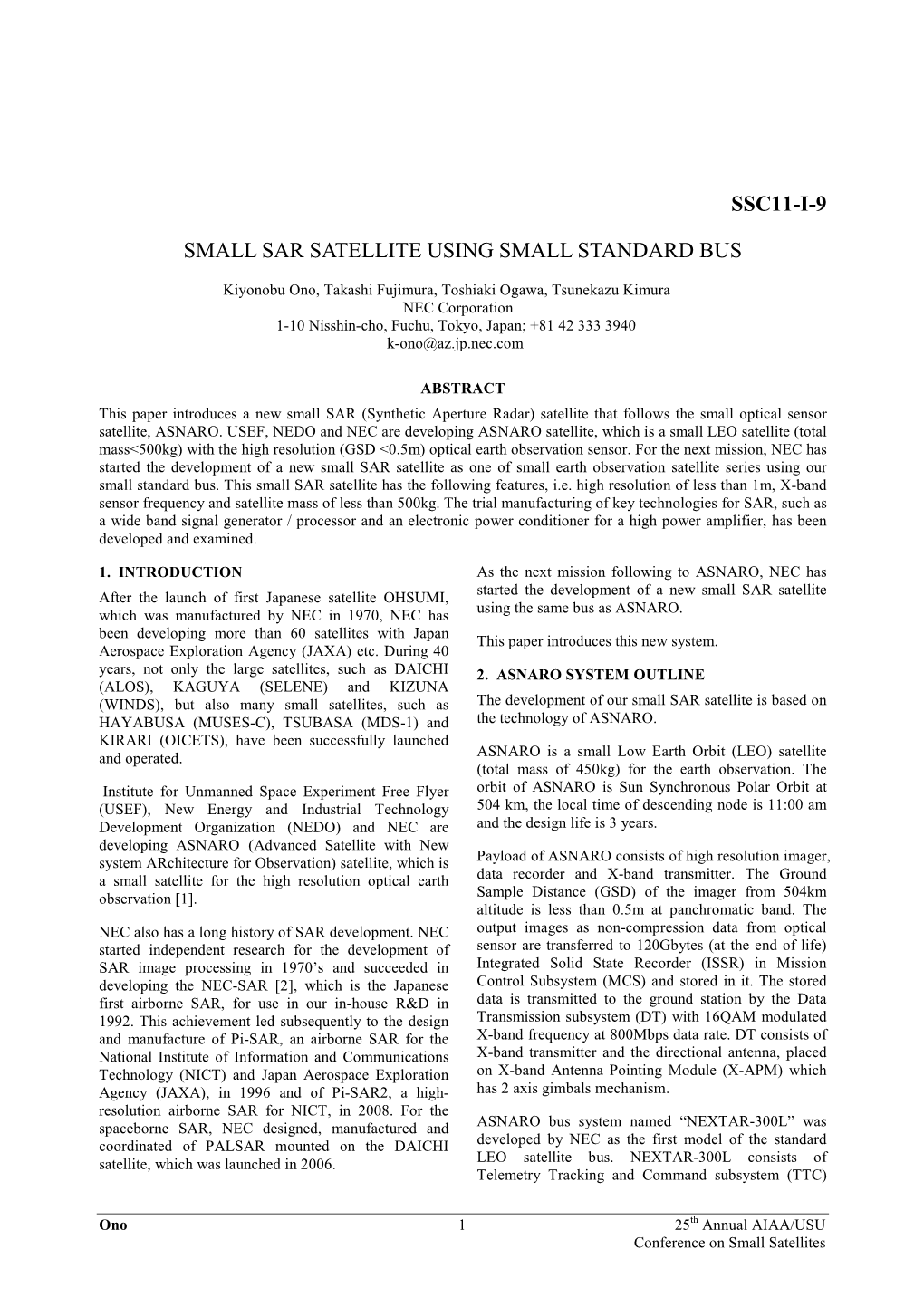 Ssc11-I-9 Small Sar Satellite Using Small Standard