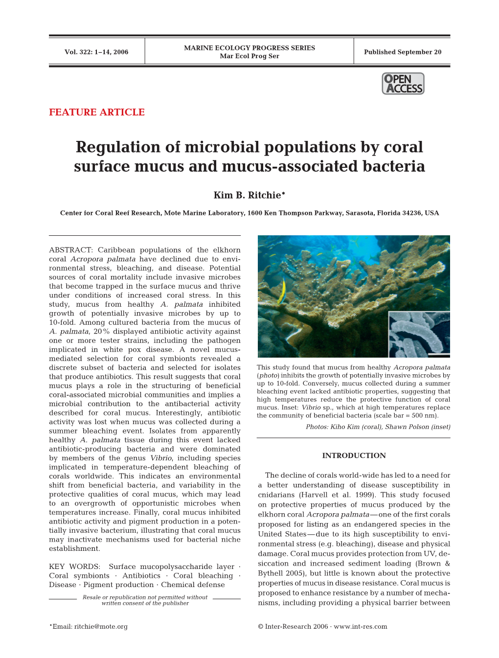 Regulation of Microbial Populations by Coral Surface Mucus and Mucus-Associated Bacteria