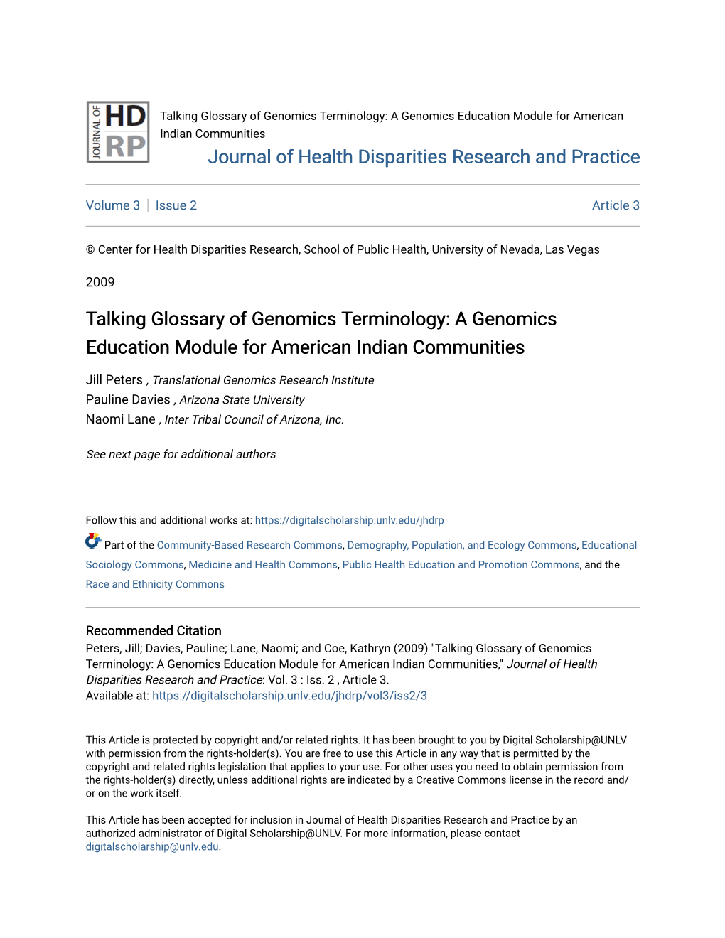 Talking Glossary of Genomics Terminology: a Genomics Education Module for American Indian Communities Journal of Health Disparities Research and Practice