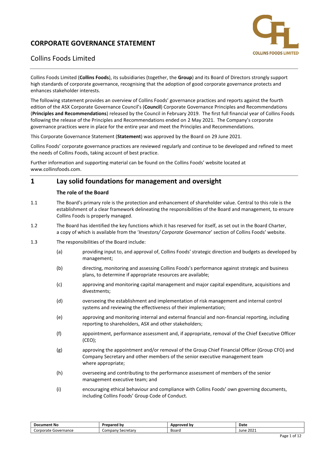 CORPORATE GOVERNANCE STATEMENT Collins Foods Limited