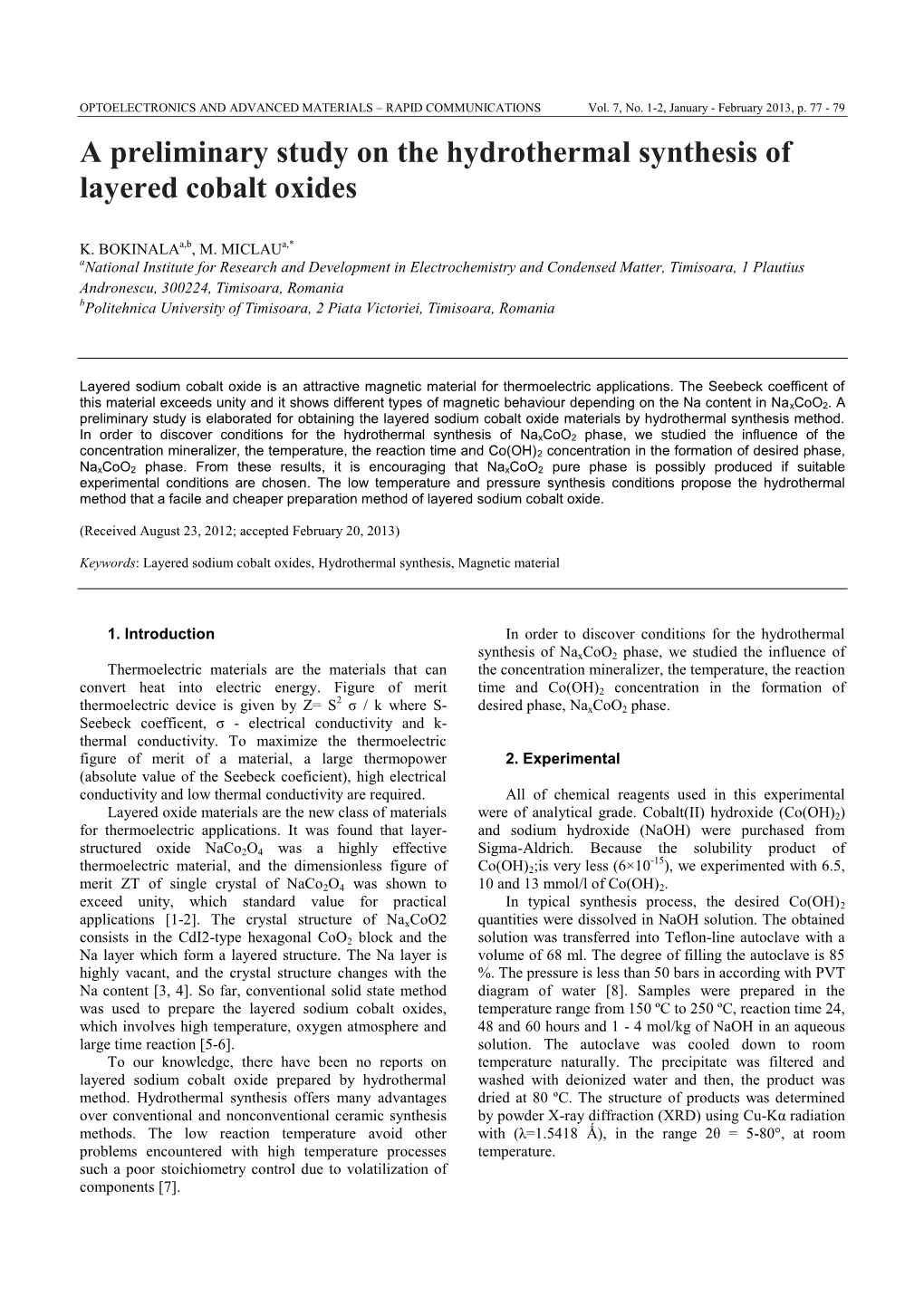 A Preliminary Study on the Hydrothermal Synthesis of Layered Cobalt Oxides