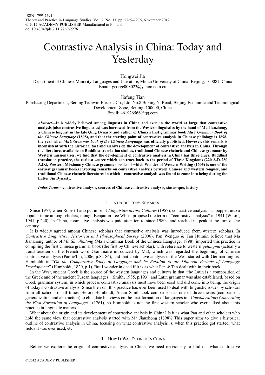 Contrastive Analysis in China: Today and Yesterday