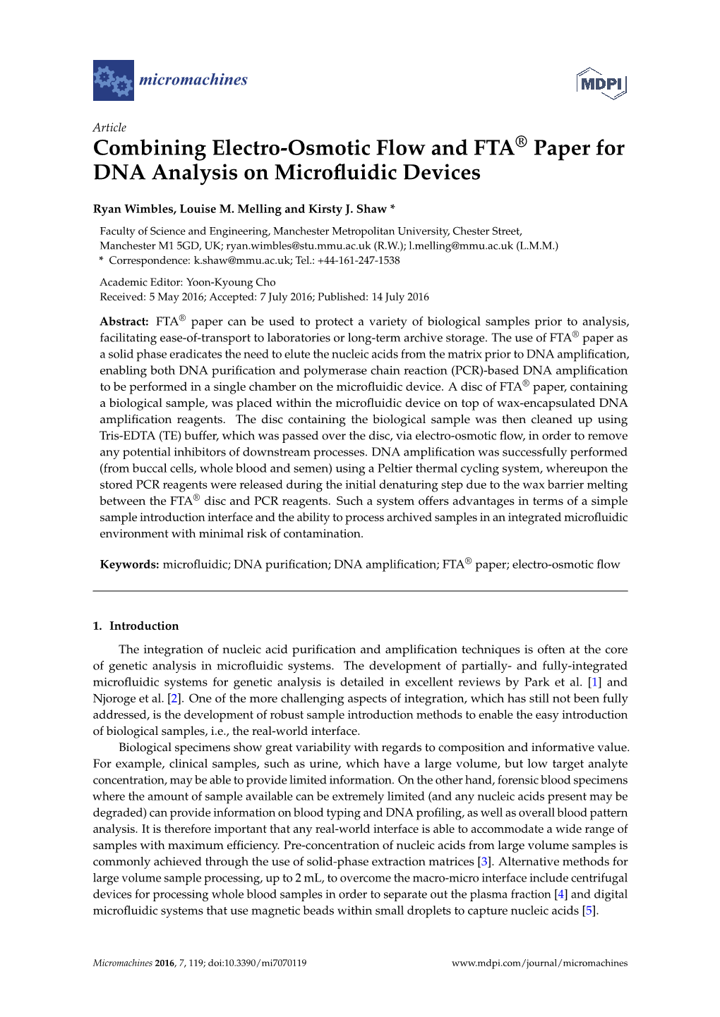Combining Electro-Osmotic Flow and FTA® Paper for DNA Analysis on Microﬂuidic Devices