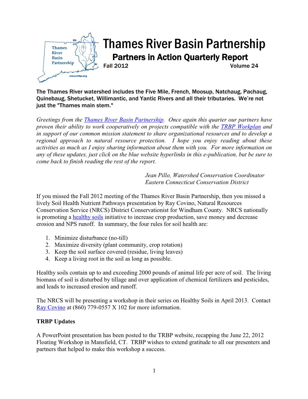 Thames River Basin Partnership Partners in Action Quarterly Report Fall 2012 Volume 24