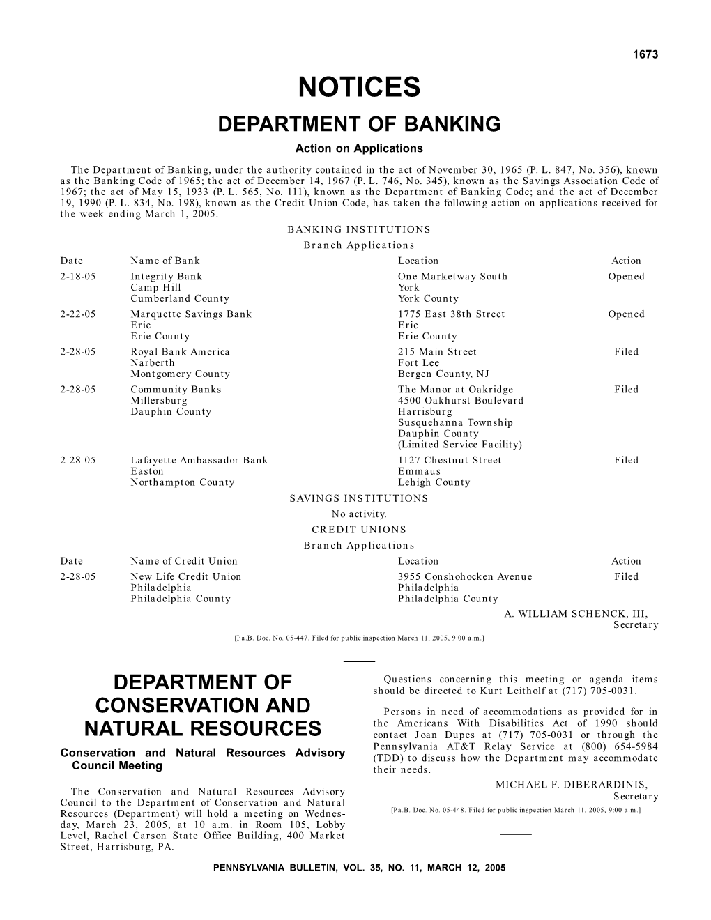 NOTICES DEPARTMENT of BANKING Action on Applications the Department of Banking, Under the Authority Contained in the Act of November 30, 1965 (P