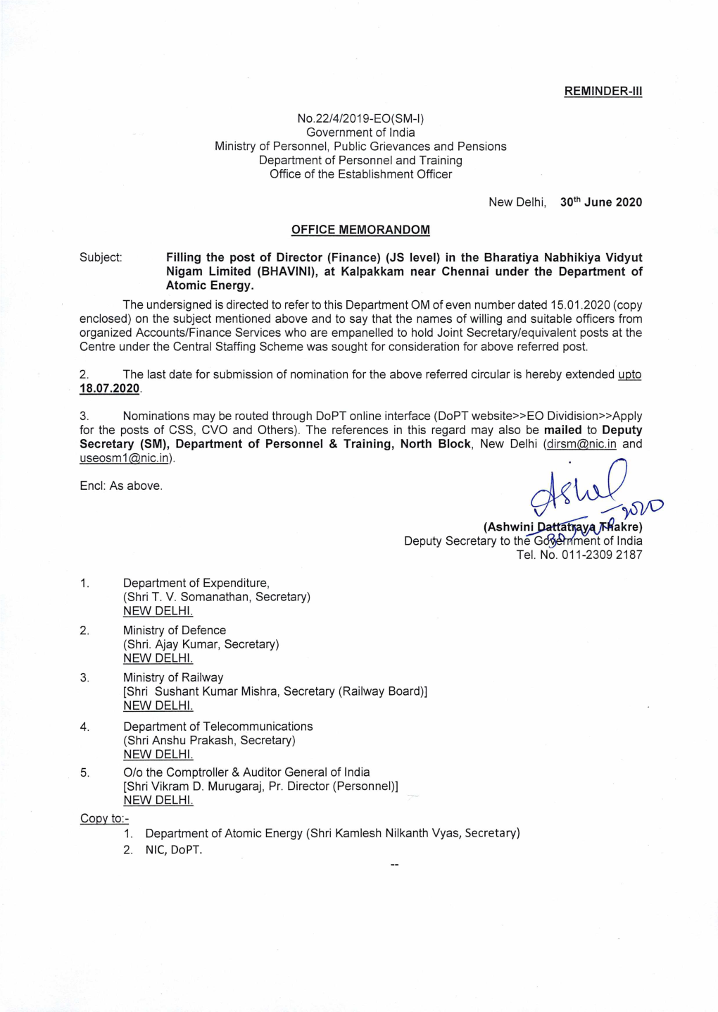 Government of India Ministry of Personnel, Public Grievances and Pensions Department of Personnel and Training Office of the Establishment Officer
