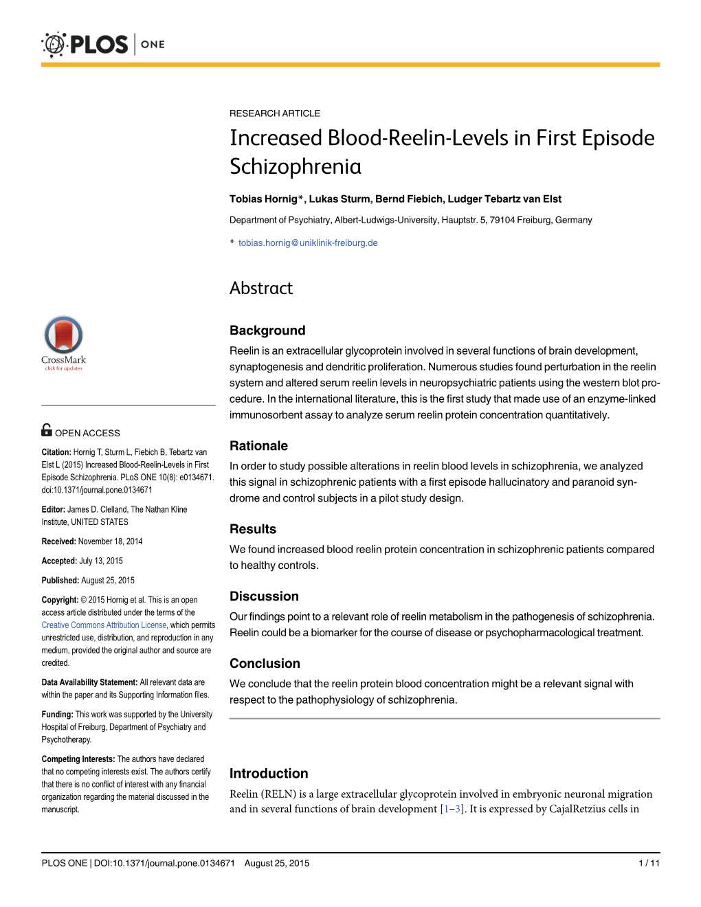 Increased Blood-Reelin-Levels in First Episode Schizophrenia