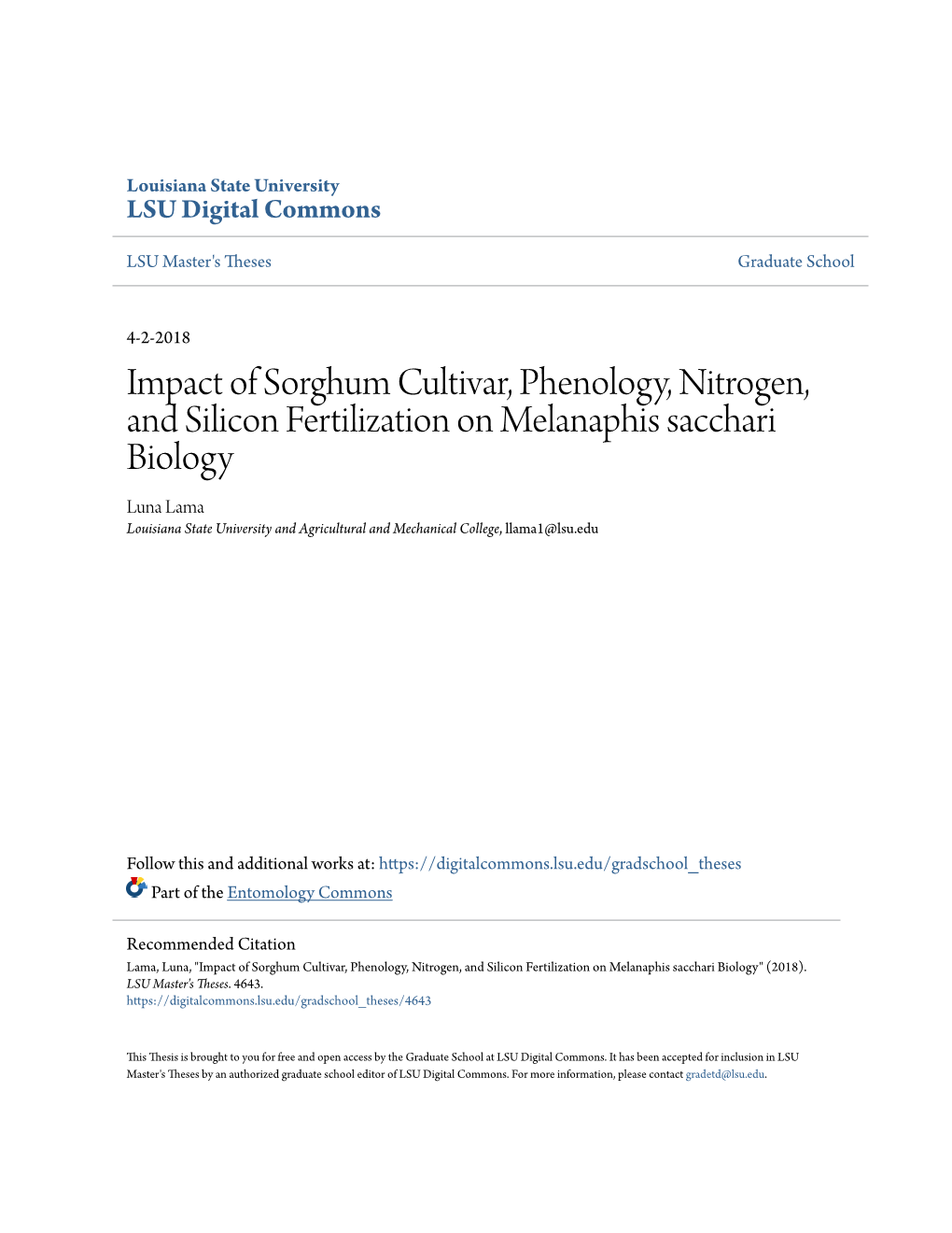 Impact of Sorghum Cultivar, Phenology, Nitrogen, and Silicon Fertilization on Melanaphis Sacchari Biology