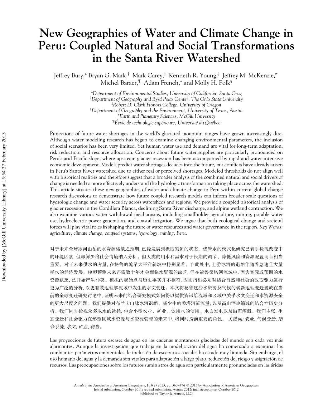 New Geographies of Water and Climate Change in Peru: Coupled Natural and Social Transformations in the Santa River Watershed