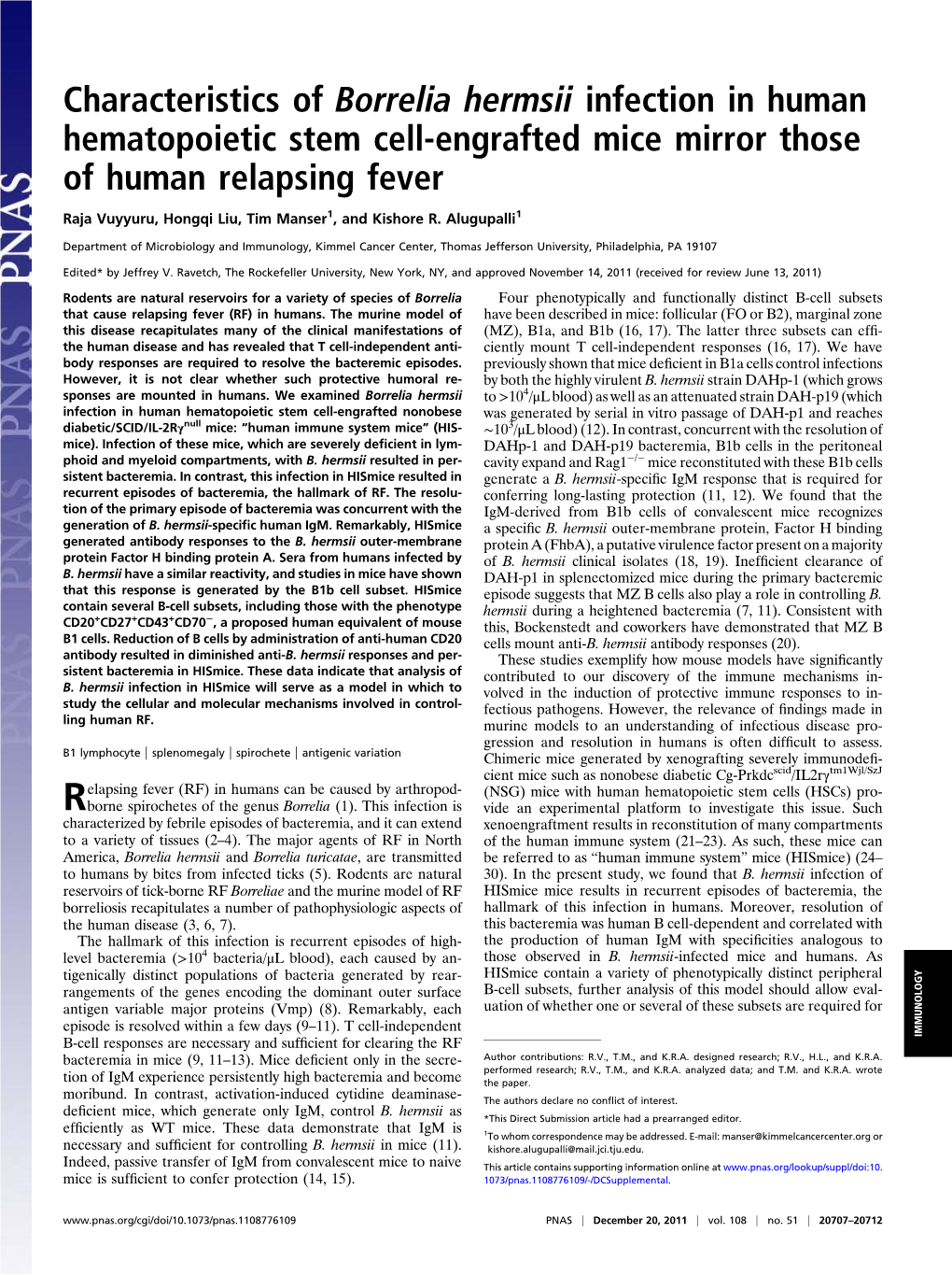 Characteristics of Borrelia Hermsii Infection in Human Hematopoietic Stem Cell-Engrafted Mice Mirror Those of Human Relapsing Fever