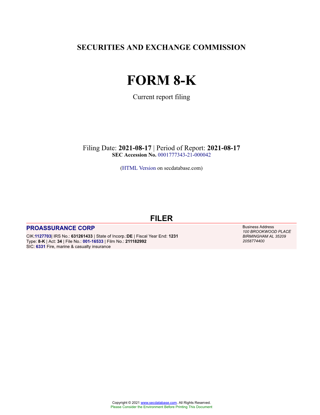 PROASSURANCE CORP Form 8-K Current Event Report Filed 2021-08