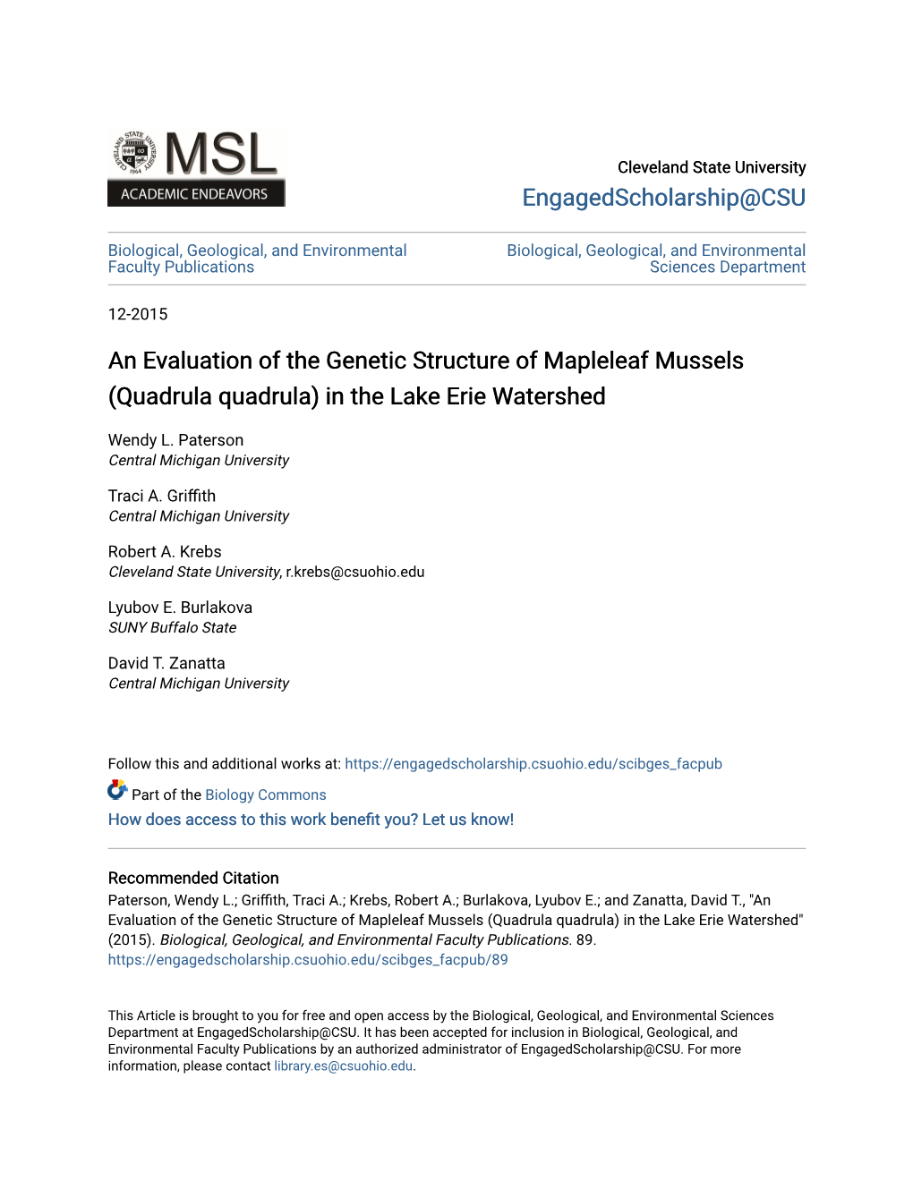 An Evaluation of the Genetic Structure of Mapleleaf Mussels (Quadrula Quadrula) in the Lake Erie Watershed