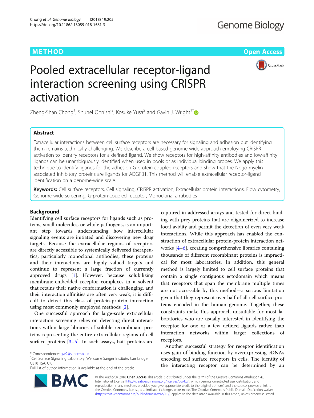 Pooled Extracellular Receptor-Ligand Interaction Screening Using CRISPR Activation Zheng-Shan Chong1, Shuhei Ohnishi2, Kosuke Yusa2 and Gavin J