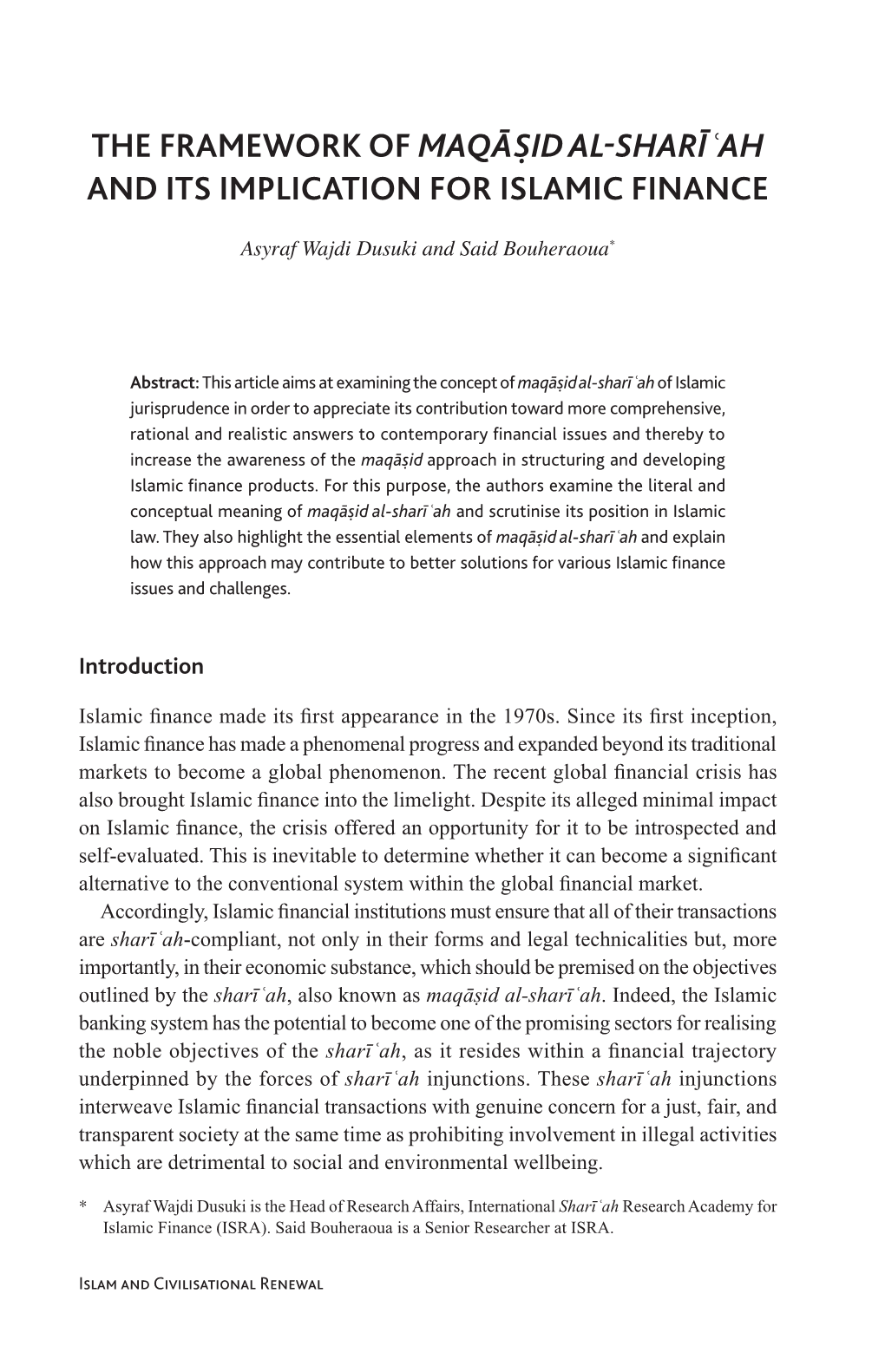 The Framework of Maqās.Id Al-Sharīʿah and Its Implication for Islamic Finance