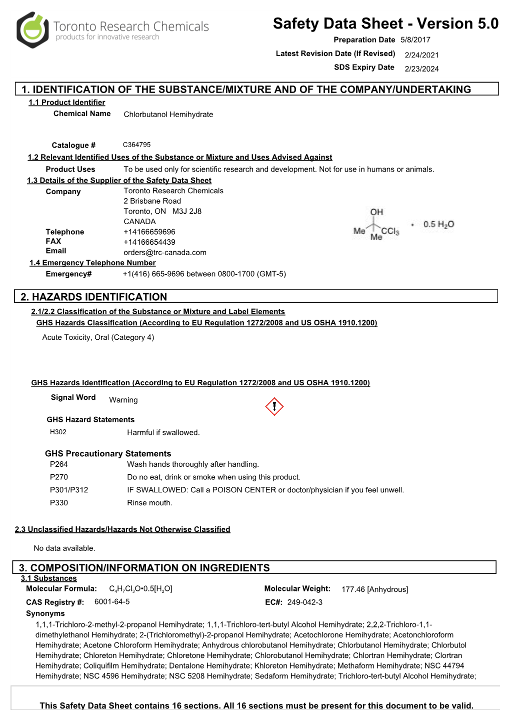 Safety Data Sheet - Version 5.0 Preparation Date 5/8/2017 Latest Revision Date (If Revised) 2/24/2021 SDS Expiry Date 2/23/2024