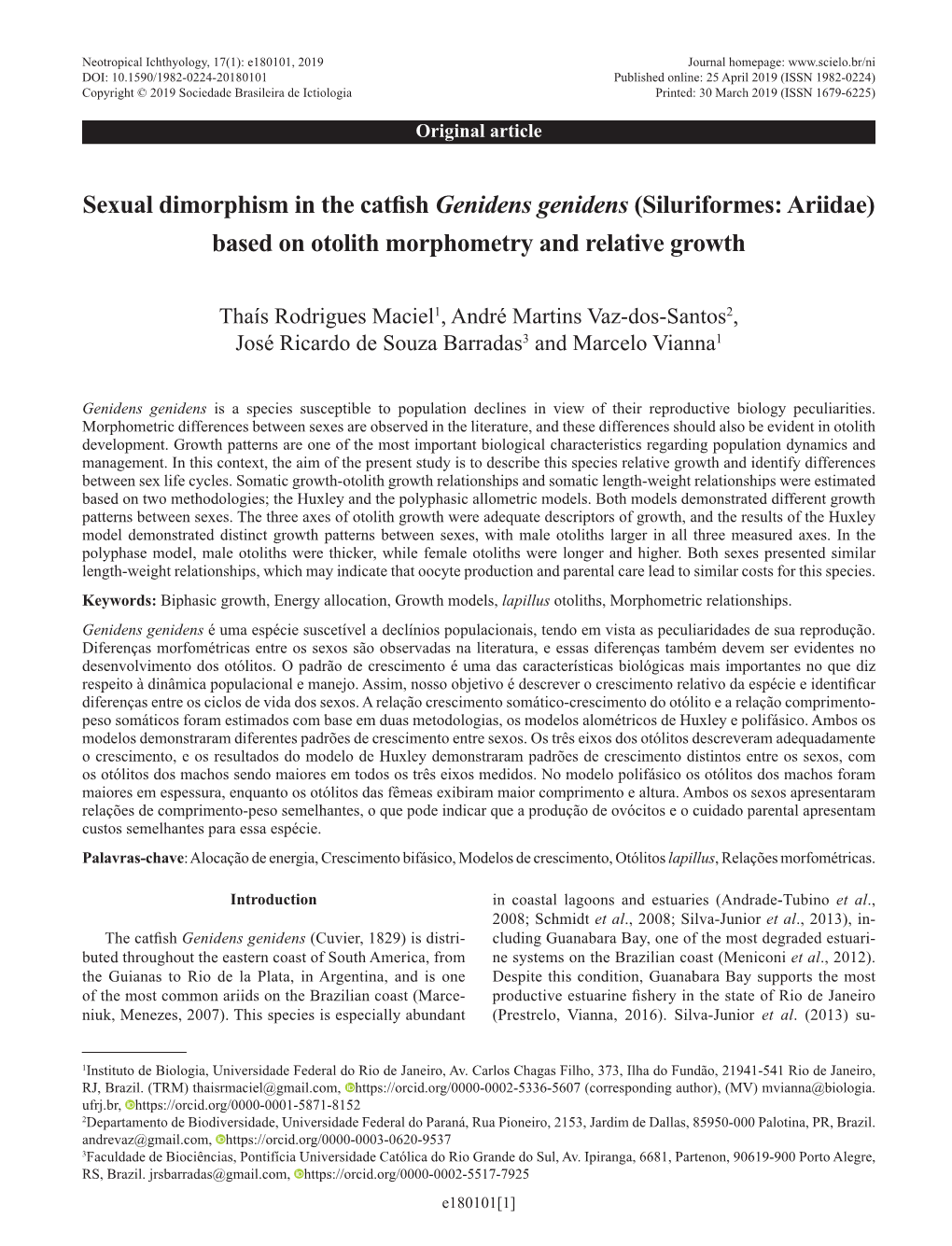 Sexual Dimorphism in the Catfish Genidens Genidens (Siluriformes: Ariidae) Based on Otolith Morphometry and Relative Growth