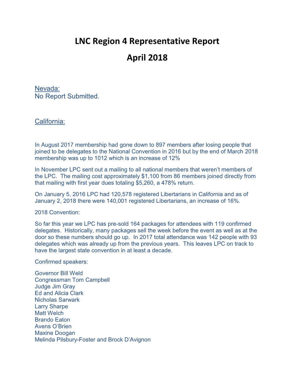 LNC Region 4 Representative Report April 2018