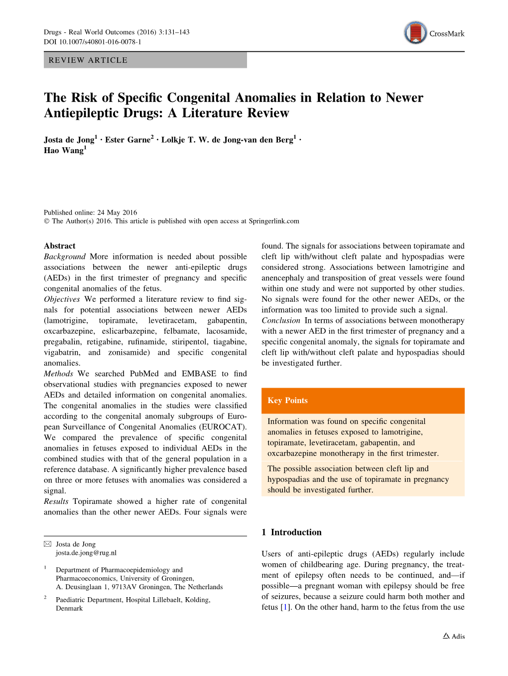 The Risk of Specific Congenital Anomalies in Relation to Newer Antiepileptic Drugs