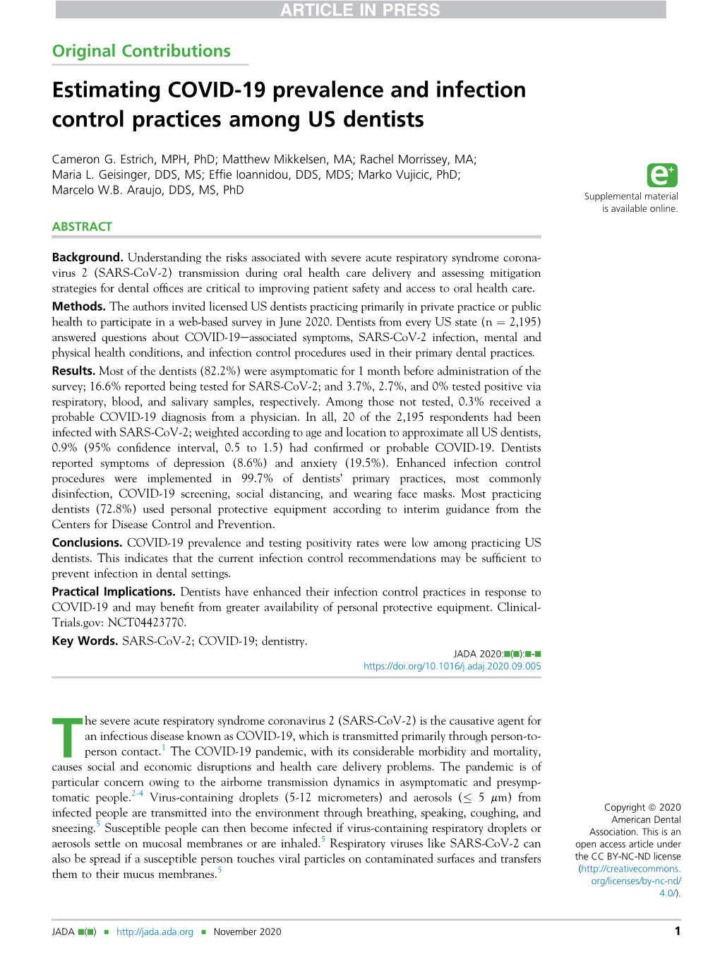 Estimating COVID-19 Prevalence and Infection Control Practices Among US Dentists