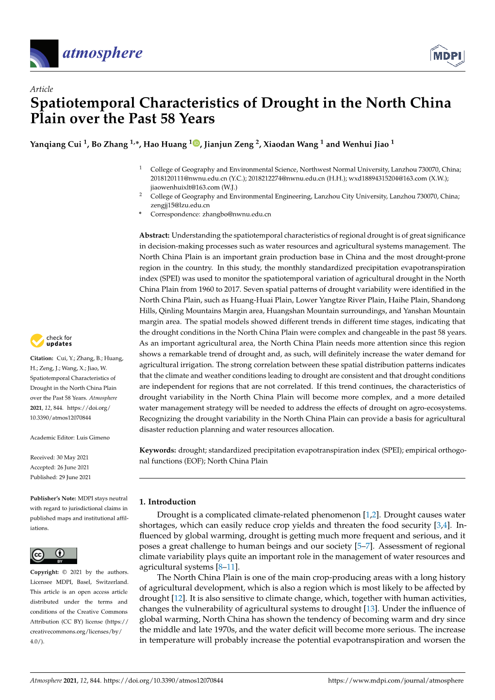 Spatiotemporal Characteristics of Drought in the North China Plain Over the Past 58 Years