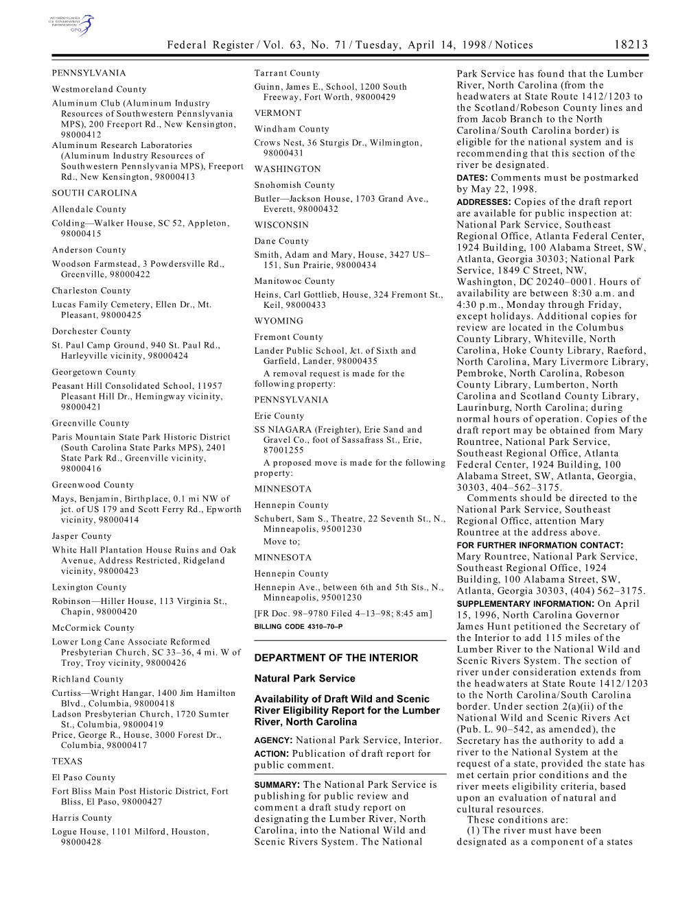 Federal Register/Vol. 63, No. 71/Tuesday, April 14, 1998/Notices