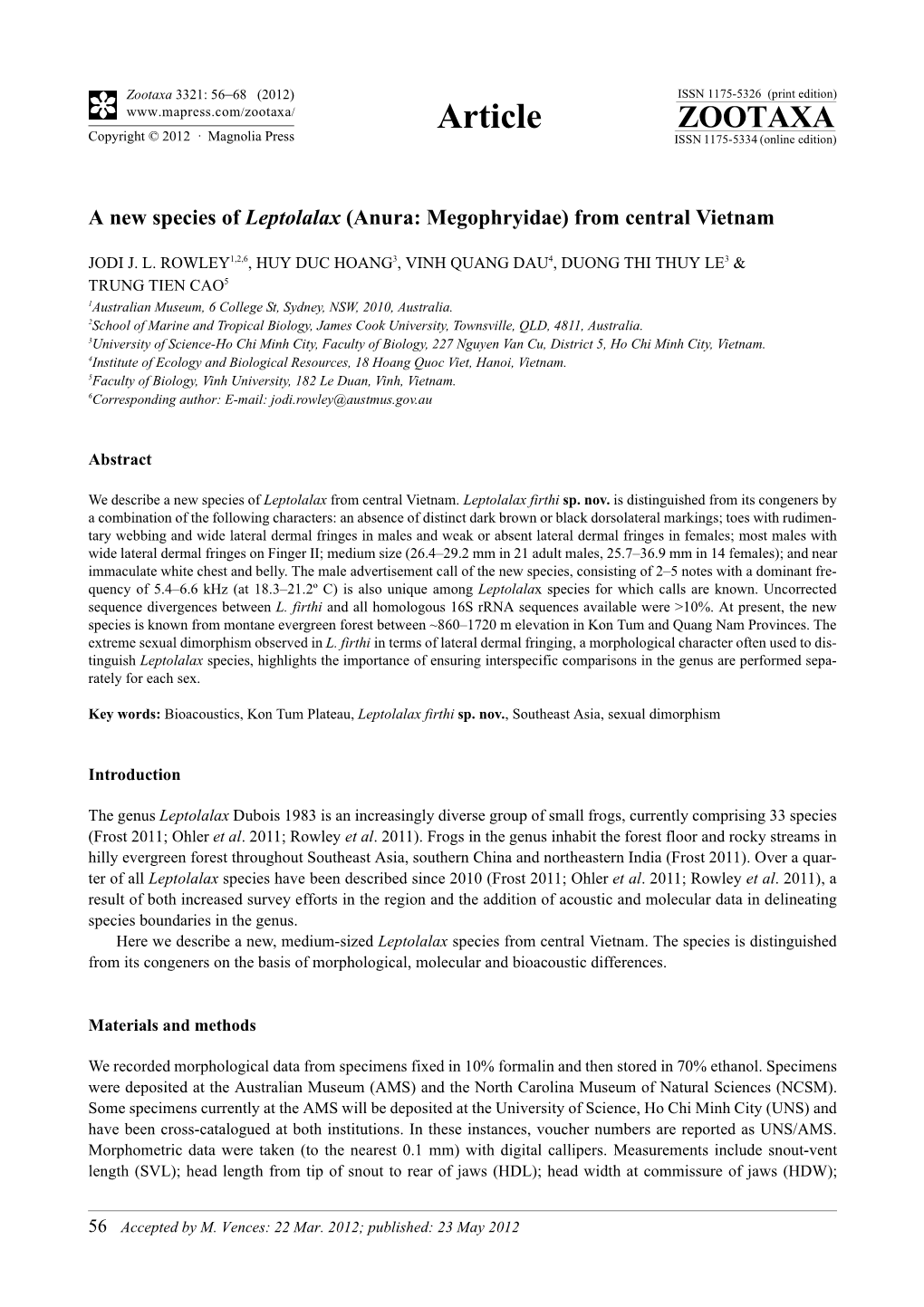 A New Species of Leptolalax (Anura: Megophryidae) from Central Vietnam