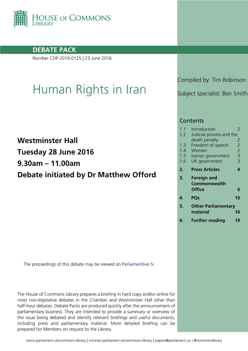 Human Rights in Iran Subject Specialist: Ben Smith