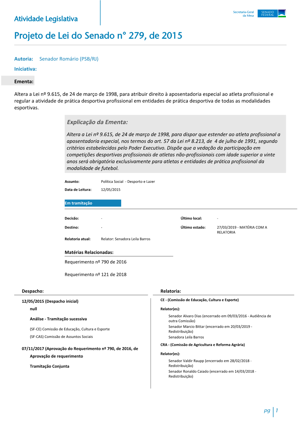 Atividade Legislativa Projeto De Lei Do Senado N° 279, De 2015